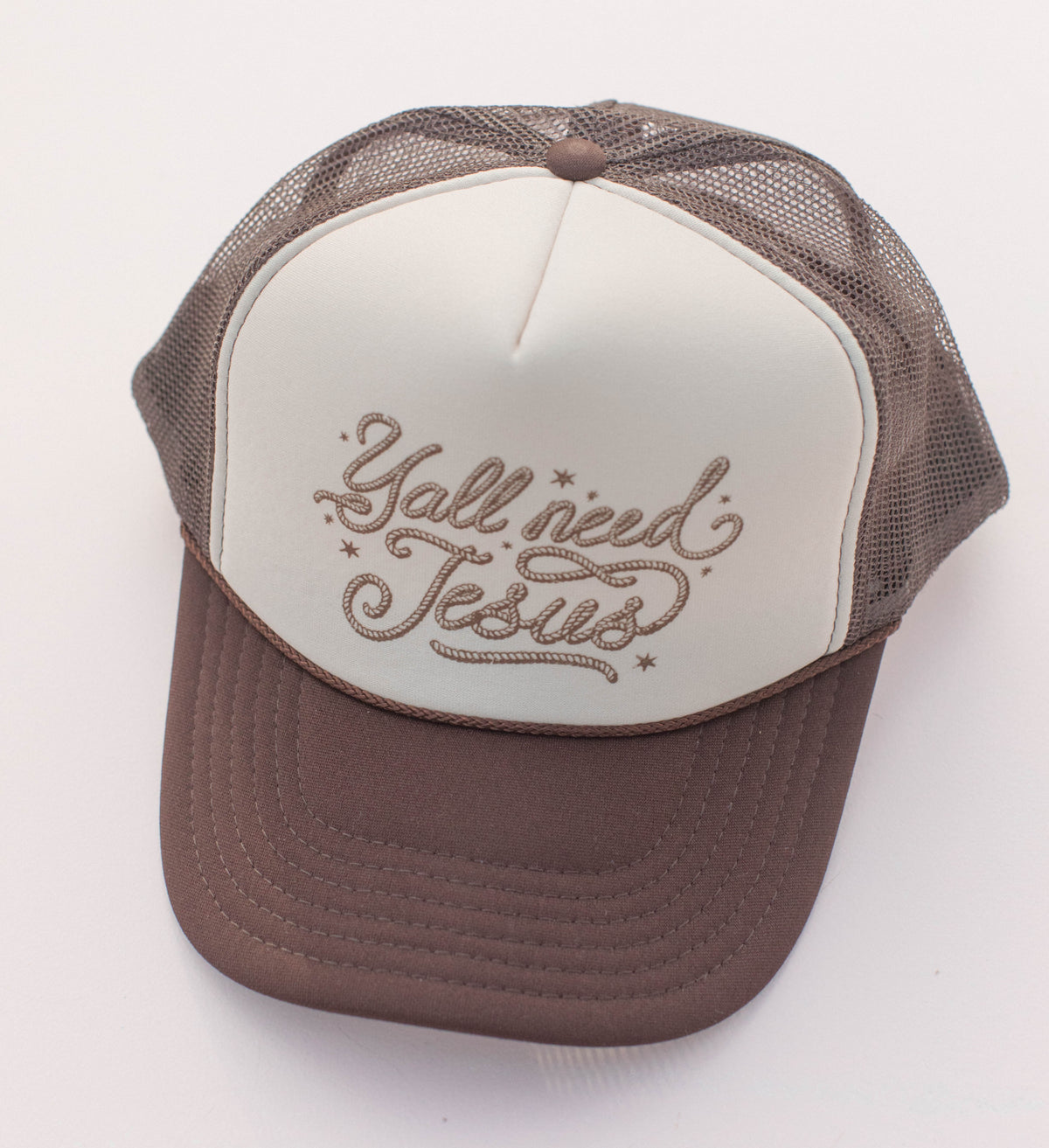 Y'all Need Jesus Trucker Hat- Brown/Tan